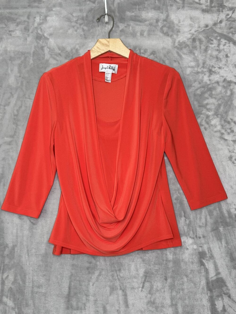 Joseph Ribkoff Top Womens 10 Orange Knit Draped Neck 3/4 Sleeve Blouse Stretch
